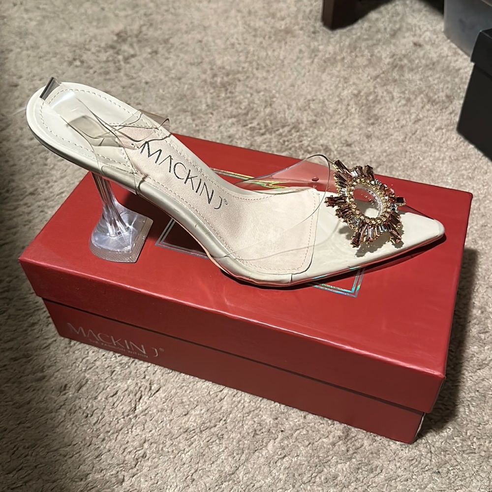 Clear Square-Heeled Pumps with Rose Gold Embellishment